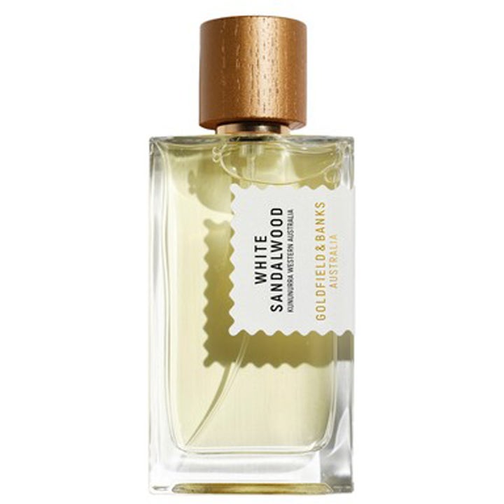 Goldfield & Banks White Sandalwood 100ml eau de parfum i stilren glasflaska med ljusgul vätska och träkork