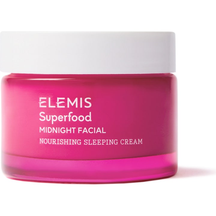 Elemis Superfood Midnight Facial 50 ml lyxig återfuktande nattmask i lila glasburk med vitt lock