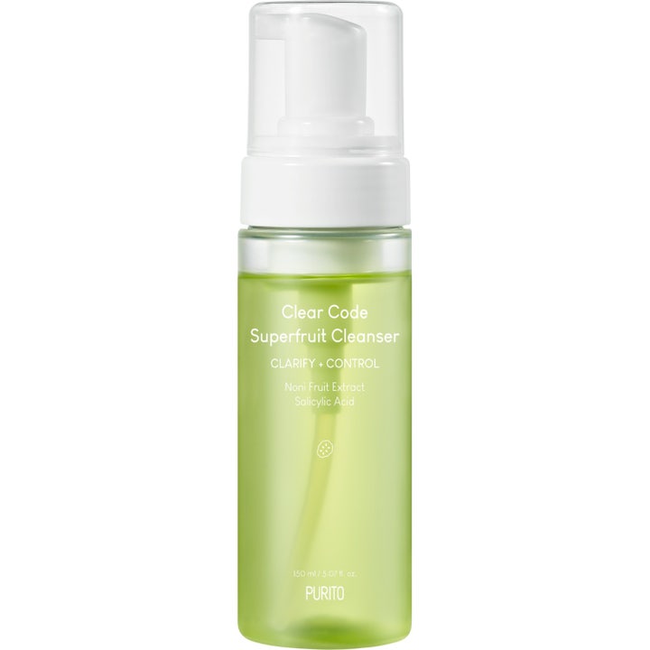 Purito Clear Code Superfruit Cleanser 150 ml ansiktsrengöring med fruktextrakt för fet hy i grön flaska med pump.