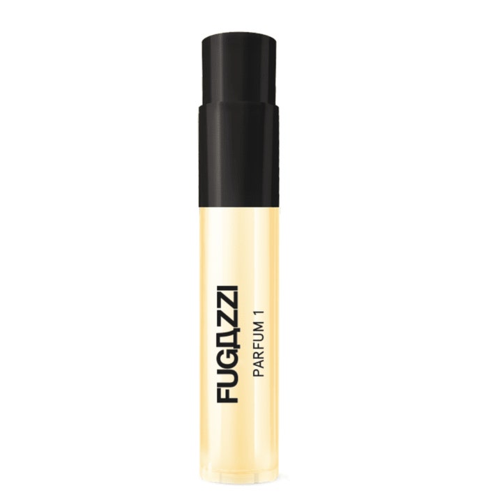 Fugazzi Parfum 1 8 ml unisex parfym i en smal glasflaska med svart lock och ljusgul vätska