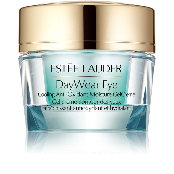 Estée Lauder DayWear Eye 15 ml kylande ögonkräm i en ljusblå glasburk med glänsande guldfärgat lock.
