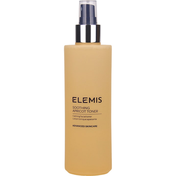 Elemis Soothing Apricot Toner lugnande alkoholfritt ansiktsvatten i en aprikosfärgad sprayflaska med silverdetaljer.
