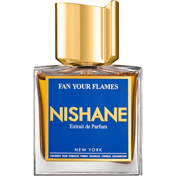 NISHANE Fan Your Flames 50 ml exklusiv gourmand parfym i glasflaska med blå etikett och bärnstensfärgad vätska