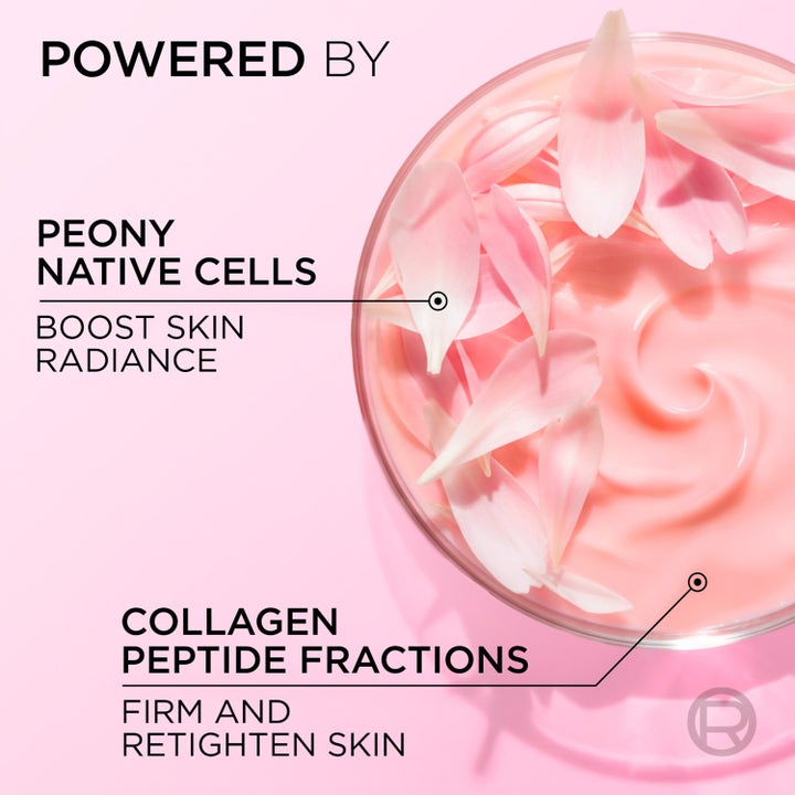 L'Oréal Paris Golden Age Rosy Fortifying Day 50 ml återfuktande dagkräm med rosa textur och lysterivande pionblad.
