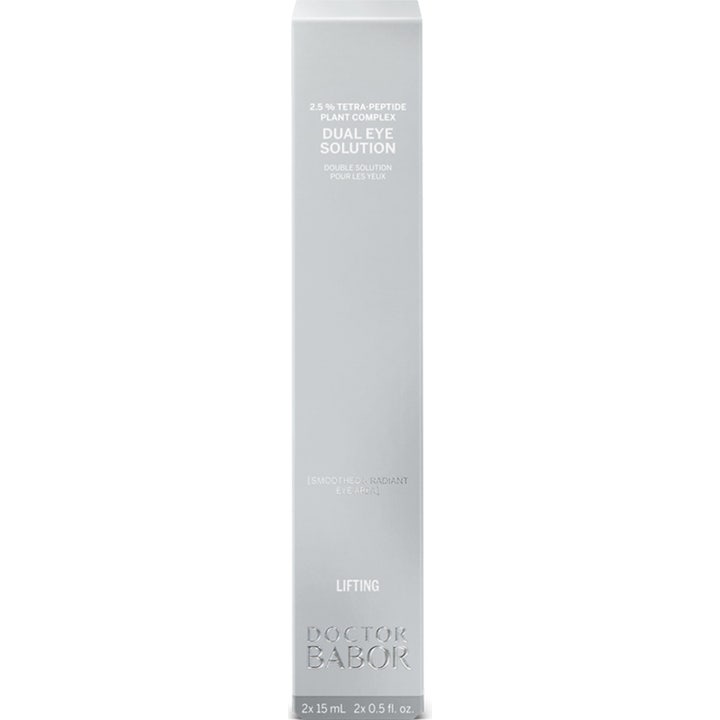 Babor Dual Eye Solution 30 ml peptid ögonkräm i en ljusgrå ytterförpackning som ger en lyftande effekt.