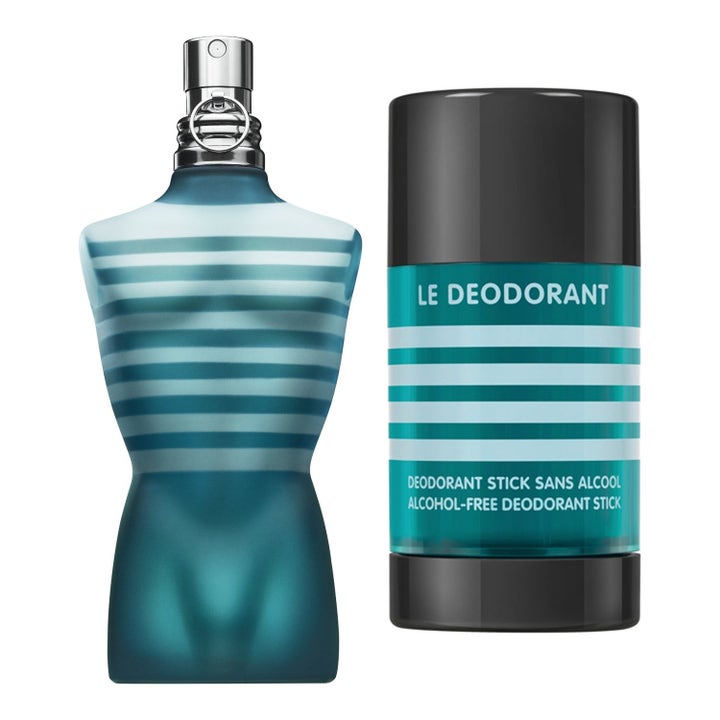 Jean Paul Gaultier Le Male Set 200 ml presentförpackning herrparfym med blårandig torsoflaska och svart deostick