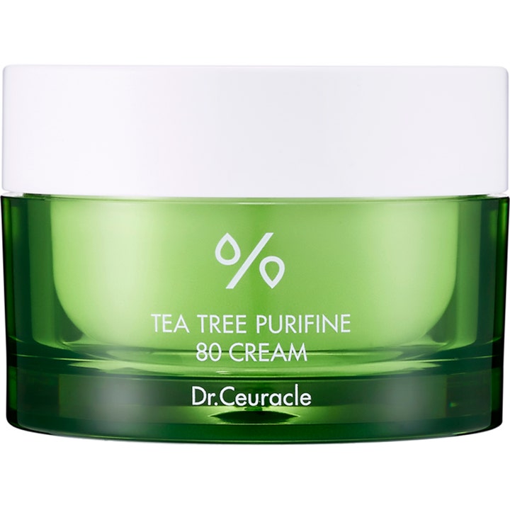 Dr. Ceuracle Tea Tree Purifine 80 Cream lugnande ansiktskräm i en transparent grön burk med vitt lock som balanserar huden.