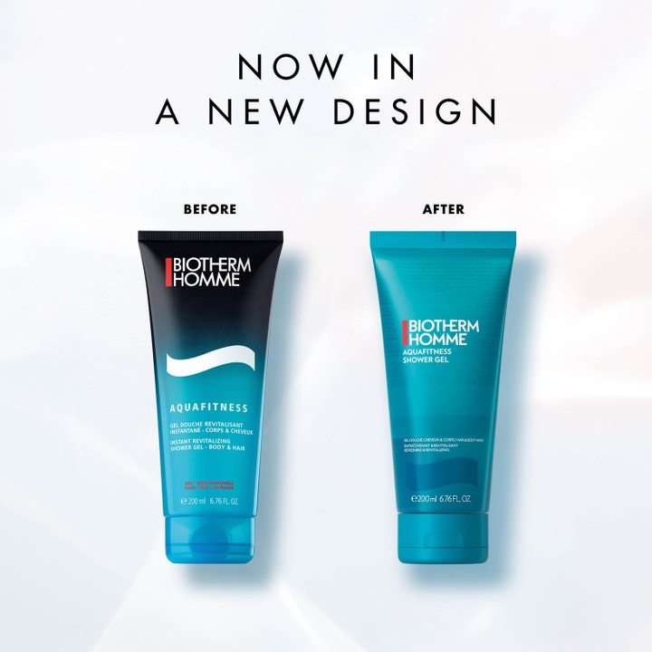 Biotherm Homme duschgel Aquafitness 200 ml uppfriskande 2-i-1 duschgel i ny turkos design bredvid den gamla tuben.