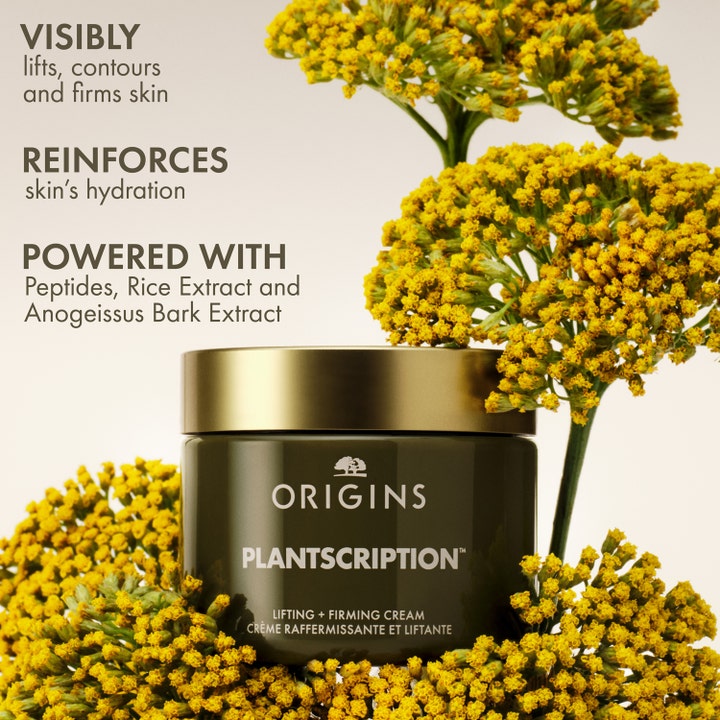 Origins Plantscription Powerful Lifting Face Cream 50 ml ansiktslyftkräm i grön burk med guldlock bland gula blommor.
