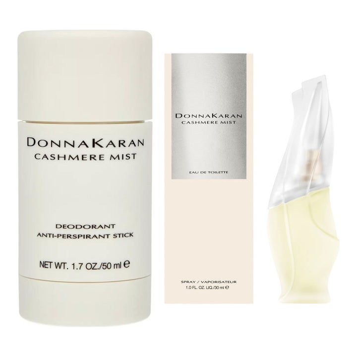 Donna Karan Cashmere Mist 50 ml deostick och eau de toilette i en skulptural flaska av frostat glas med beige ask.