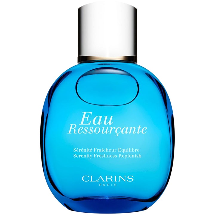 Clarins Eau Ressourçante 100 ml lugnande treatment fragrance i en rundad blå glasflaska med silverfärgat lock