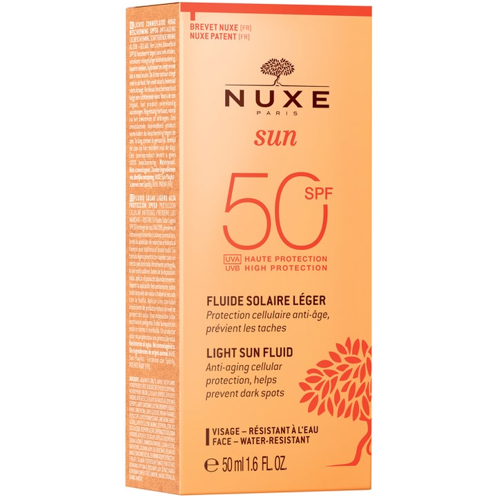 Nuxe Sun Fluid 50 ml solskydd med SPF 50 ger anti-age skydd i en orange ytterförpackning av papp.