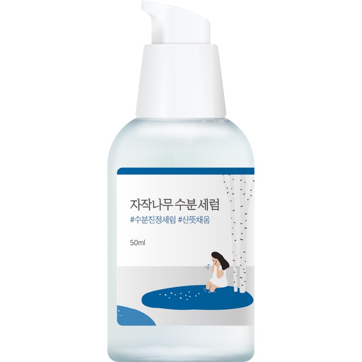 Round Lab björksaft serum 50ml är ett återfuktande lätt serum i en transparent pumpflaska med björkillustration.