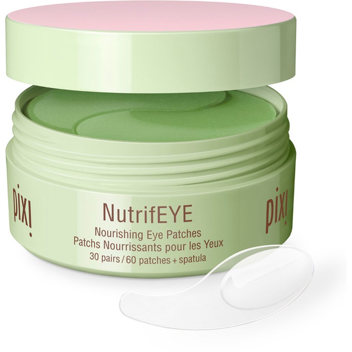 Pixi NutrifEYE 30 par lyxig ögonmask som ger näring i en grön burk med rosa lock och gröna hydrogel-lappar.