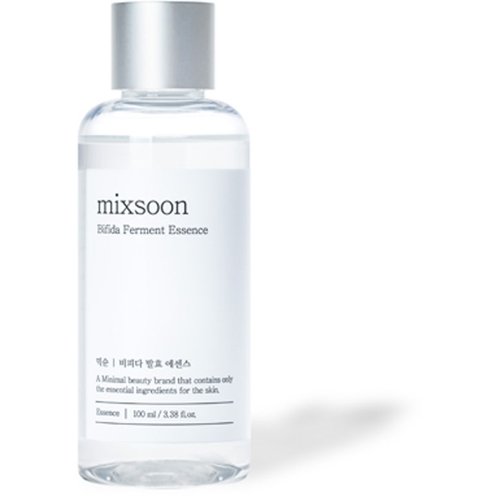 Mixsoon Bifida Ferment Essence 100 ml anti-aging essence för hudens mikrobiom i en klar flaska med stilrent silverlock