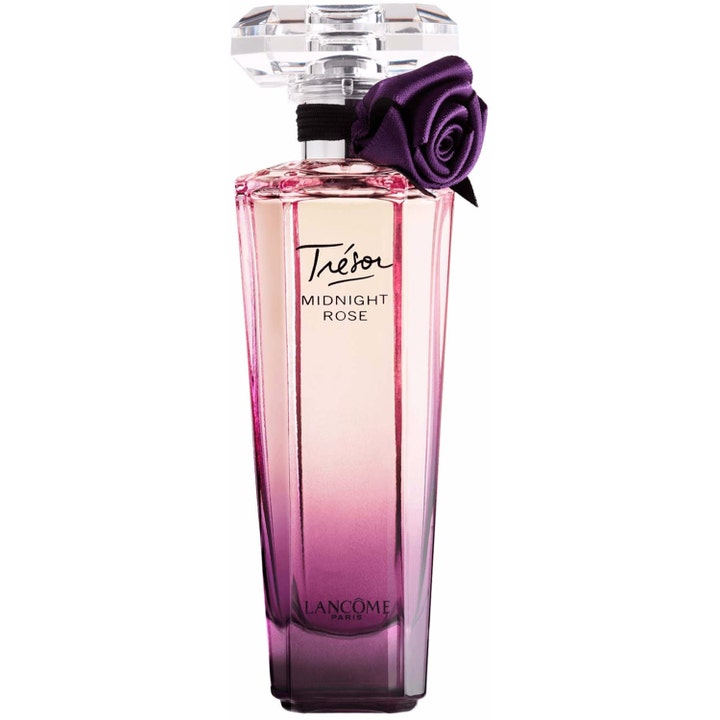 Lancôme Trésor Midnight Rose 30 ml edp i facetterad glasflaska med lila färgövergång och en dekorativ tygros