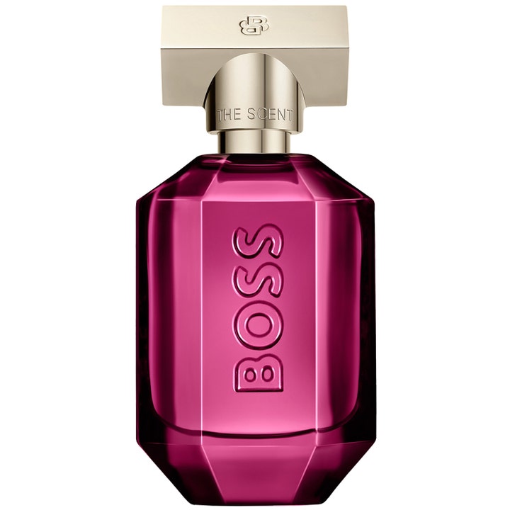 Hugo Boss The Scent For Her Magnetic 50 ml parfym i en mörkrosa fasetterad glasflaska med guldlock