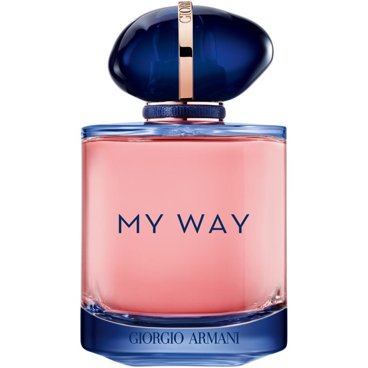 Giorgio Armani My Way Intense 90ml parfym i glasflaska med rosa vätska och mörkblått stenformat lock