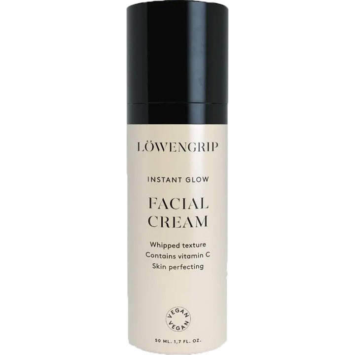 Löwengrip Instant Glow Facial Cream 50 ml dagkräm vegan c-vitamin i beige pumpflaska med svart lock