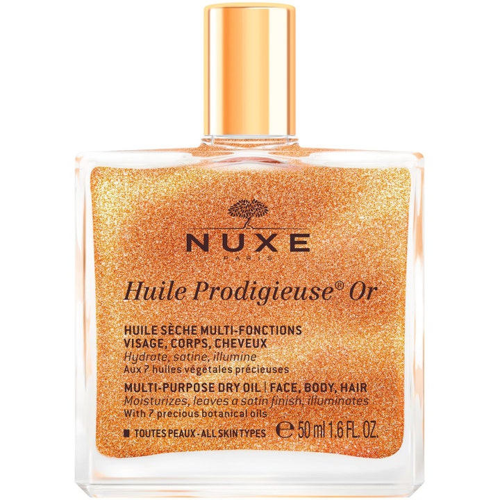Nuxe Huile Prodigieuse Or 50 ml närande skimmerolja för ansikte kropp och hår med guldskimmer i en fyrkantig glasflaska.