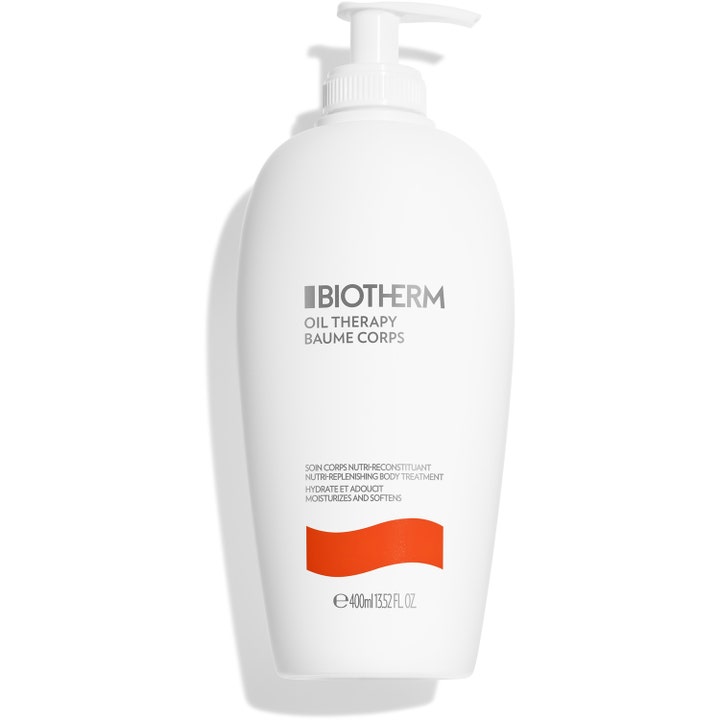 Biotherm Oil Therapy Baume Corps 400ml djupnärande hudvård i en vit pumpflaska som ger intensiv återfuktning.