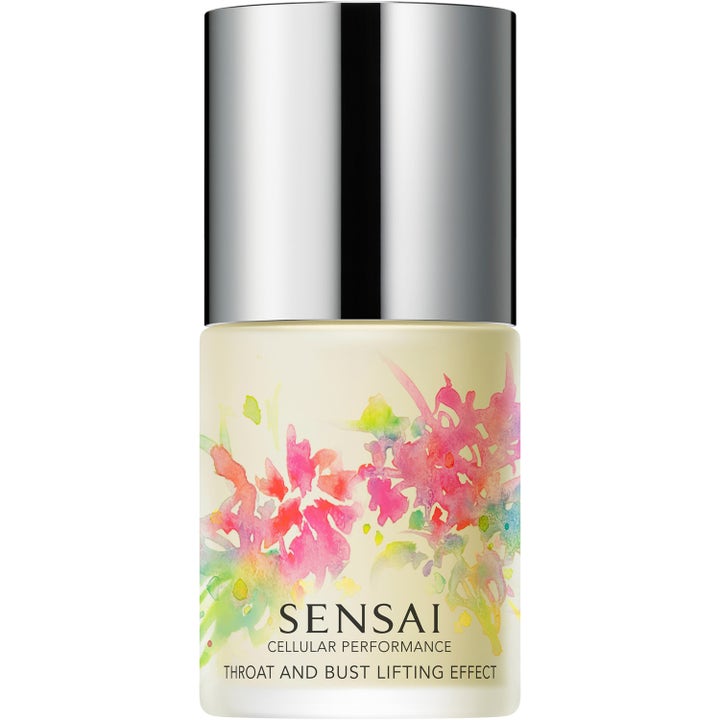 Sensai Neck & Decollette Care 125 ml lyftande kräm i frostad flaska med färgglatt blommönster och silverkork