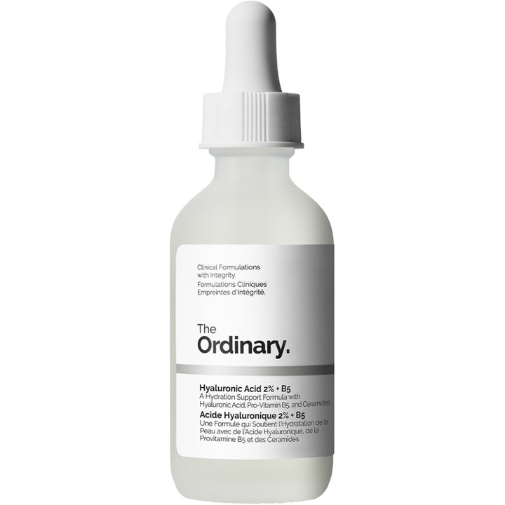 The Ordinary Hyaluronic Acid 2% + B5 dagligt fuktgivande serum i frostad glasflaska med vit pipett