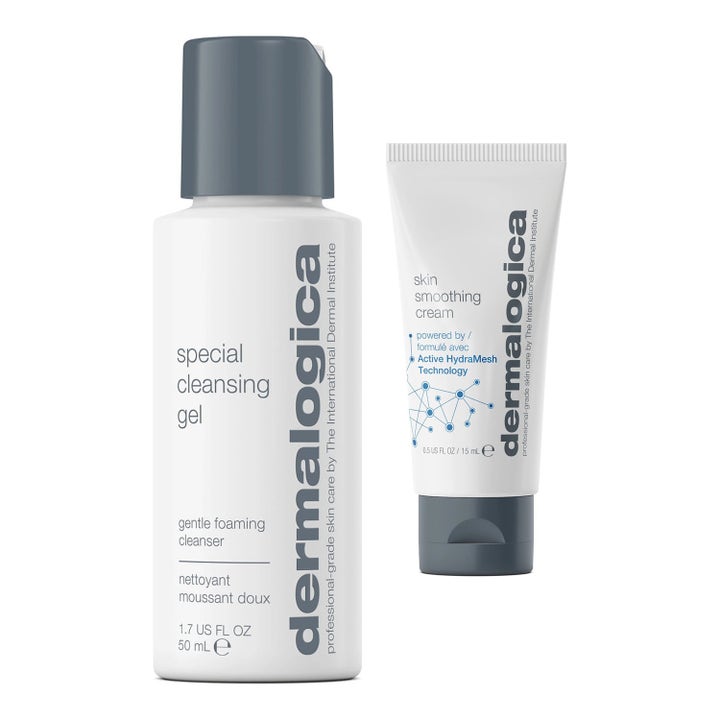 Dermalogica Special Cleansing Gel 50 ml och Skin Smoothing Cream 15 ml återfuktande hudvård i vit flaska och tub.