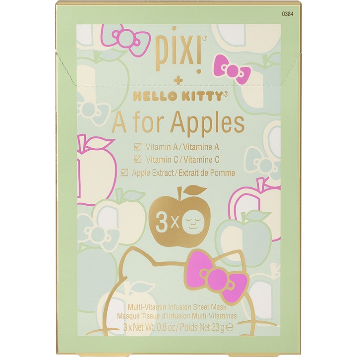Pixi Hello Kitty A for Apples 3 x 23g återfuktande ansiktsmask med äppleextrakt i dekorativ ljusgrön pappersbox