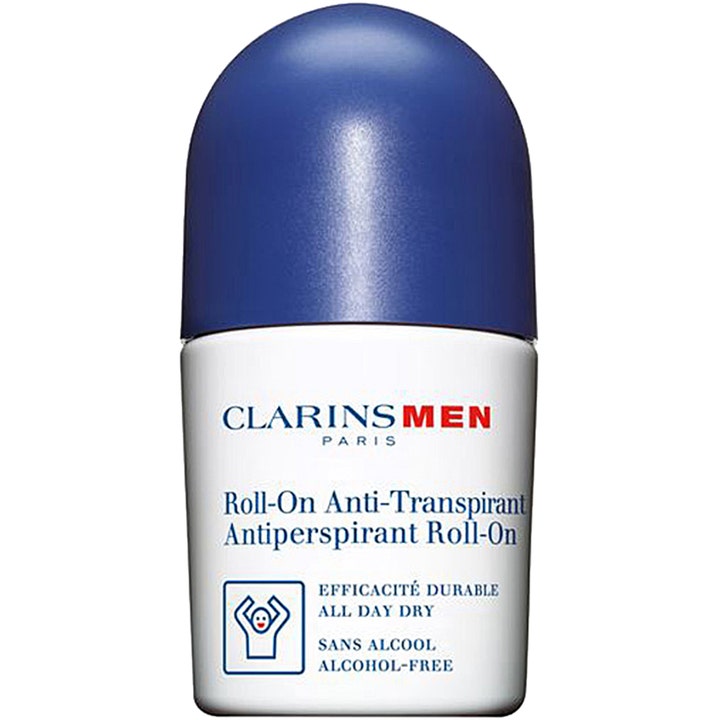 Clarins Men Antiperspirant Roll-On 50 ml alkoholfri deoroll-on ger långvarigt skydd i vit flaska med mörkblått lock