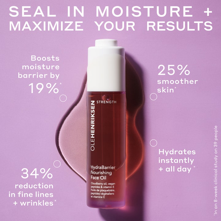 Ole Henriksen Strength ansiktsolja 30 ml med peptider i lila glasflaska som ger tjugofem procent slätare hy.
