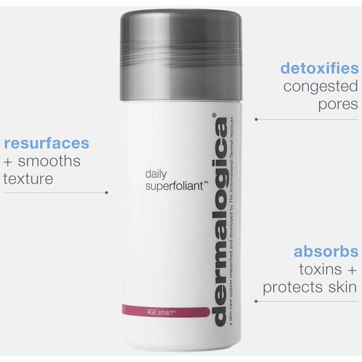 Dermalogica Daily Superfoliant 13 g peeling som detoxifierar porer i vit flaska med grått lock och förklarande text.