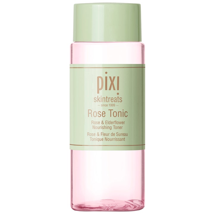 Pixi Rose Tonic lugnande ros toner för känslig hud i genomskinlig flaska med rosa vätska och mintgrönt lock