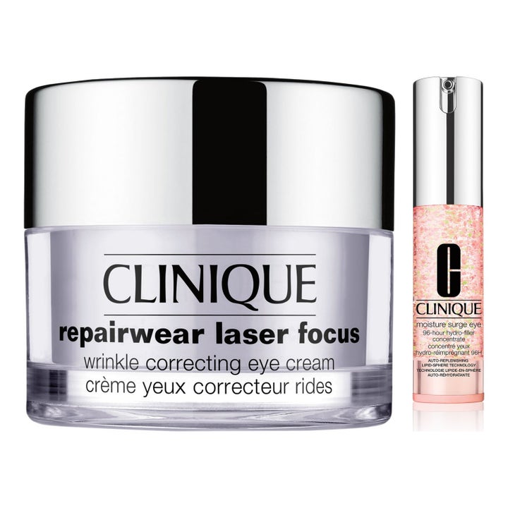 Clinique Repairwear Laser Focus ögonkräm mot rynkor i silverburk och Moisture Surge Eye återfuktande gel med rosa pärlor