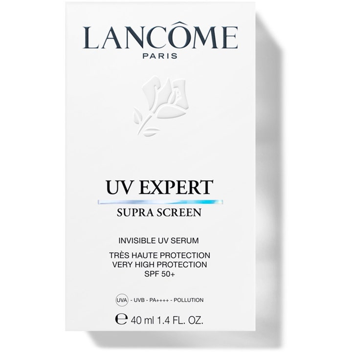 Lancôme UV Expert Supra Screen 40 ml solskydd ansikte dagligt i vit pappkartong med präglad signaturros och SPF 50+.