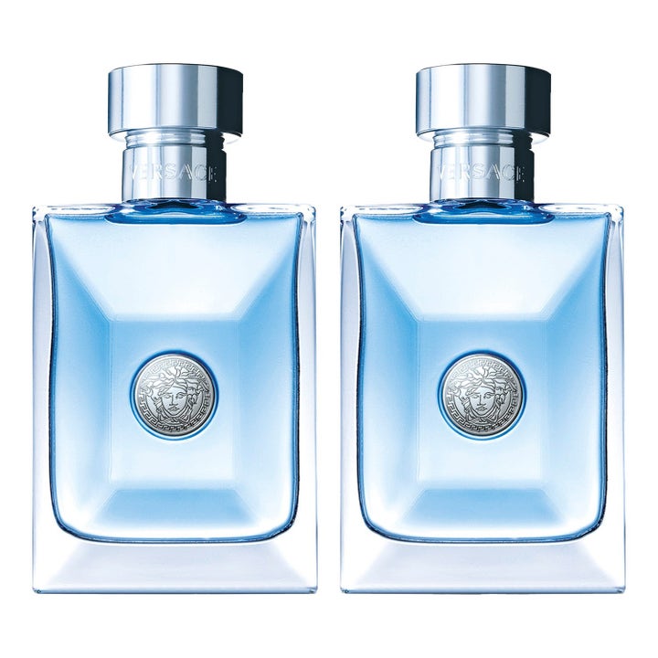 Versace Pour Homme parfym 200 ml after shave gåvoset med ljusblå vätska i fyrkantiga glasflaskor med silverdetaljer