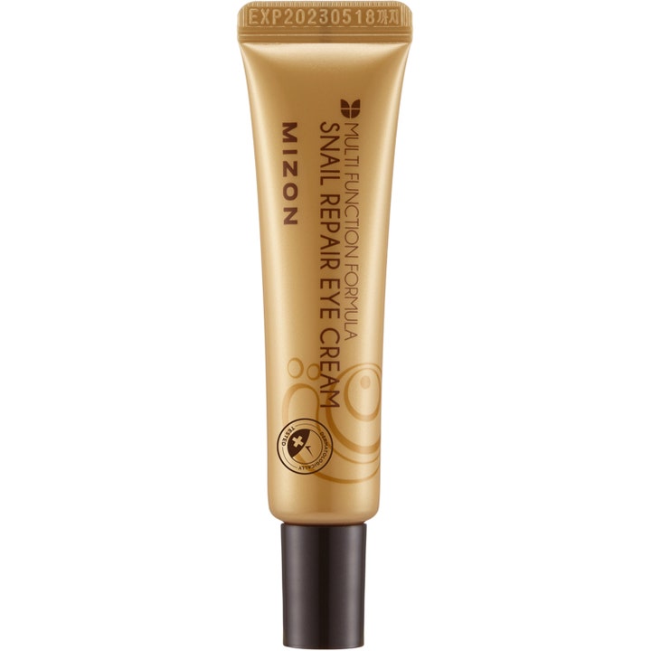 Mizon Snail Repair Eye Cream 15ml snigelslem ögonkräm som ger fukt i en guldglänsande tub med mörkbrunt lock.