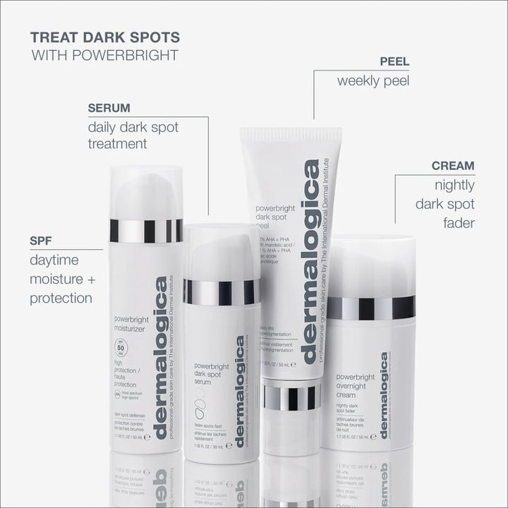 Dermalogica PowerBright Dark Spot System Duo med niacinamid motverkar pigmentfläckar i vita flaskor och tuber