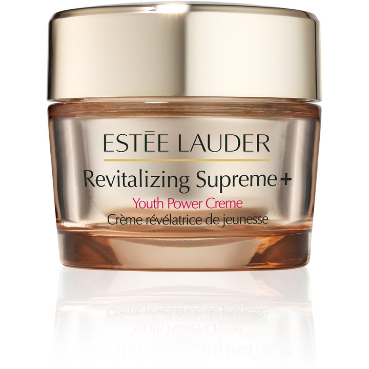 Estée Lauder Revitalizing Supreme+ Youth Power Creme ansiktskräm för lyster i guldtonad glasburk med guldlock.