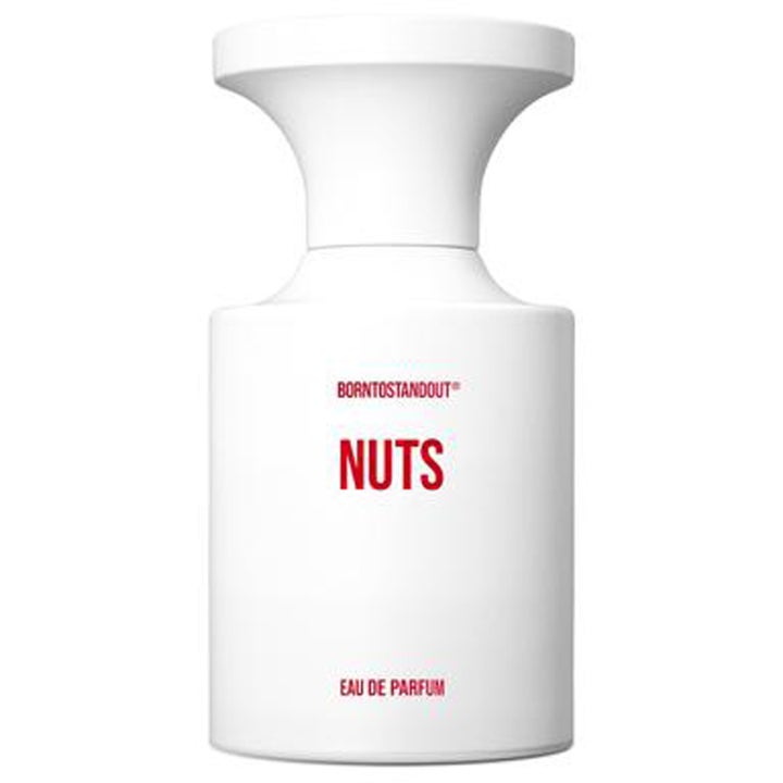 BornToStandOut Nuts 50 ml Eau de Parfum gourmand parfym unisex i vit flaska med röd text och vid vit kork