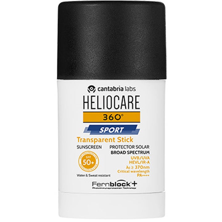 Heliocare 360 Sport Transparent Stick heliocare solstift spf 50 i vit hylsa med svart lock ger aktivt solskydd ansikte.
