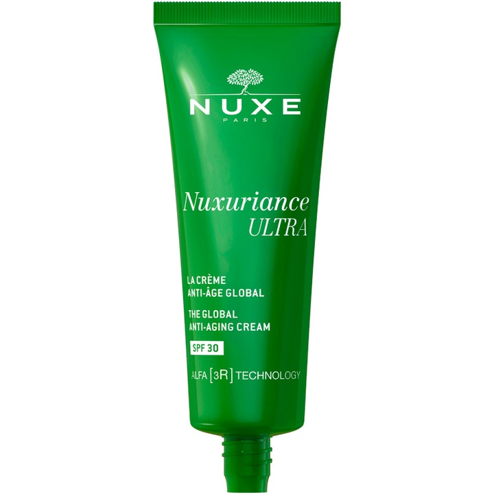 Nuxe Nuxuriance Ultra 50 ml anti-aging kräm med solskydd SPF 30 i en grön tub som ger huden fasthet och skydd.