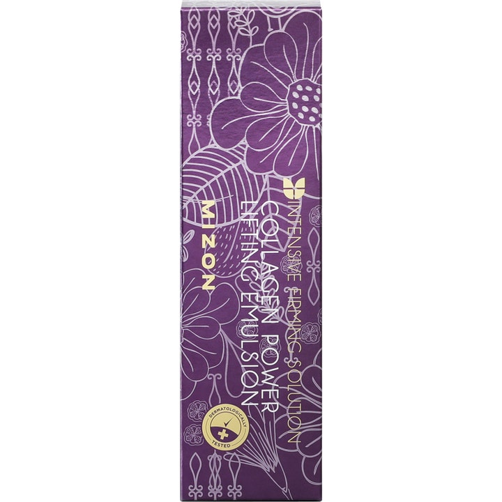 Mizon Collagen Power Lifting Emulsion 120 ml dermatologiskt testad kollagen emulsion i lila blommönstrad ytterbox.
