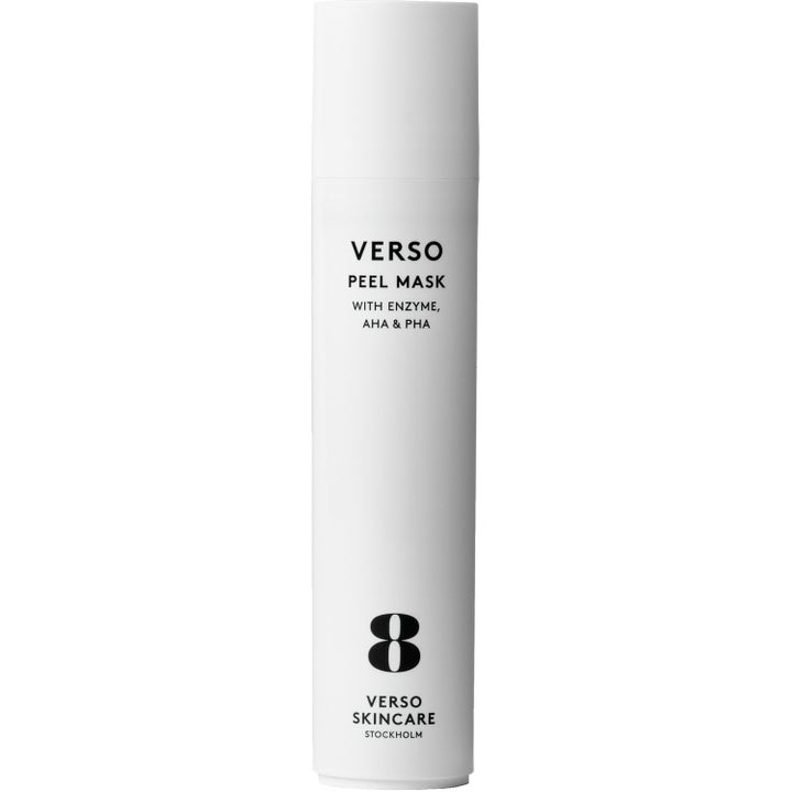 Verso Peel Mask 50 ml exfolierande ansiktsmask som ger lyster i en vit cylinderformad flaska med en stor svart åtta