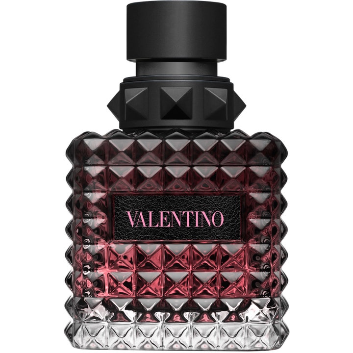 Valentino Born in Roma Intense 50 ml exklusiv damparfym i glasflaska med nitar mörkrosa vätska och svart kork