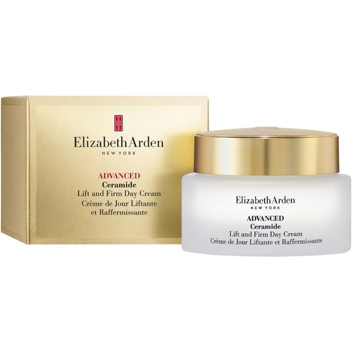 Elizabeth Arden Ceramide Lift & Firm 50 ml uppstramande dagkräm med ceramider i frostad glasburk och guldask.
