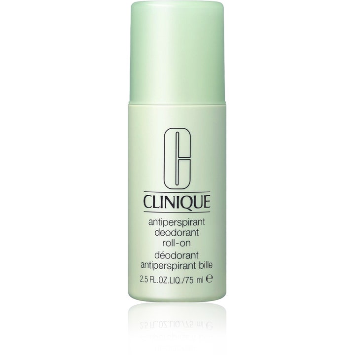 Clinique Antiperspirant Deodorant Roll-on 75 ml ger långvarig fräschör i en ljusgrön plastflaska med matchande lock.