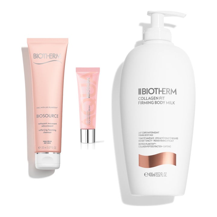 Biotherm Biosource och Collagen Fit set med återfuktande rengöring och uppstramande body milk i rosa och vita förpackningar