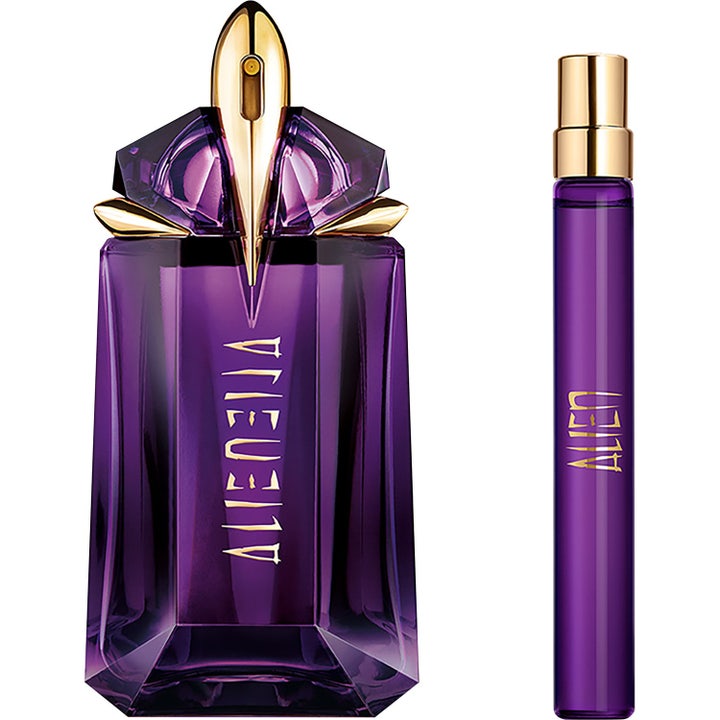 Mugler Alien Eau de Parfum Spring Set 1 st parfymset med lila facetterad glasflaska och resespray med gulddetaljer