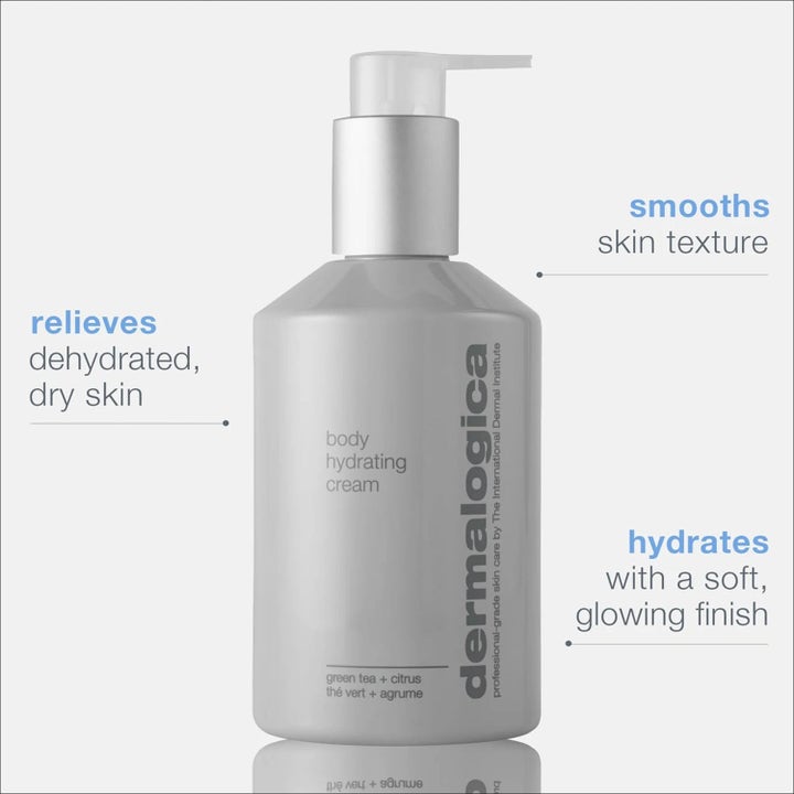 Dermalogica Body Hydrating Cream 295 ml återfuktande kroppskräm i grå pumpflaska som lindrar torr hy och ger lyster.